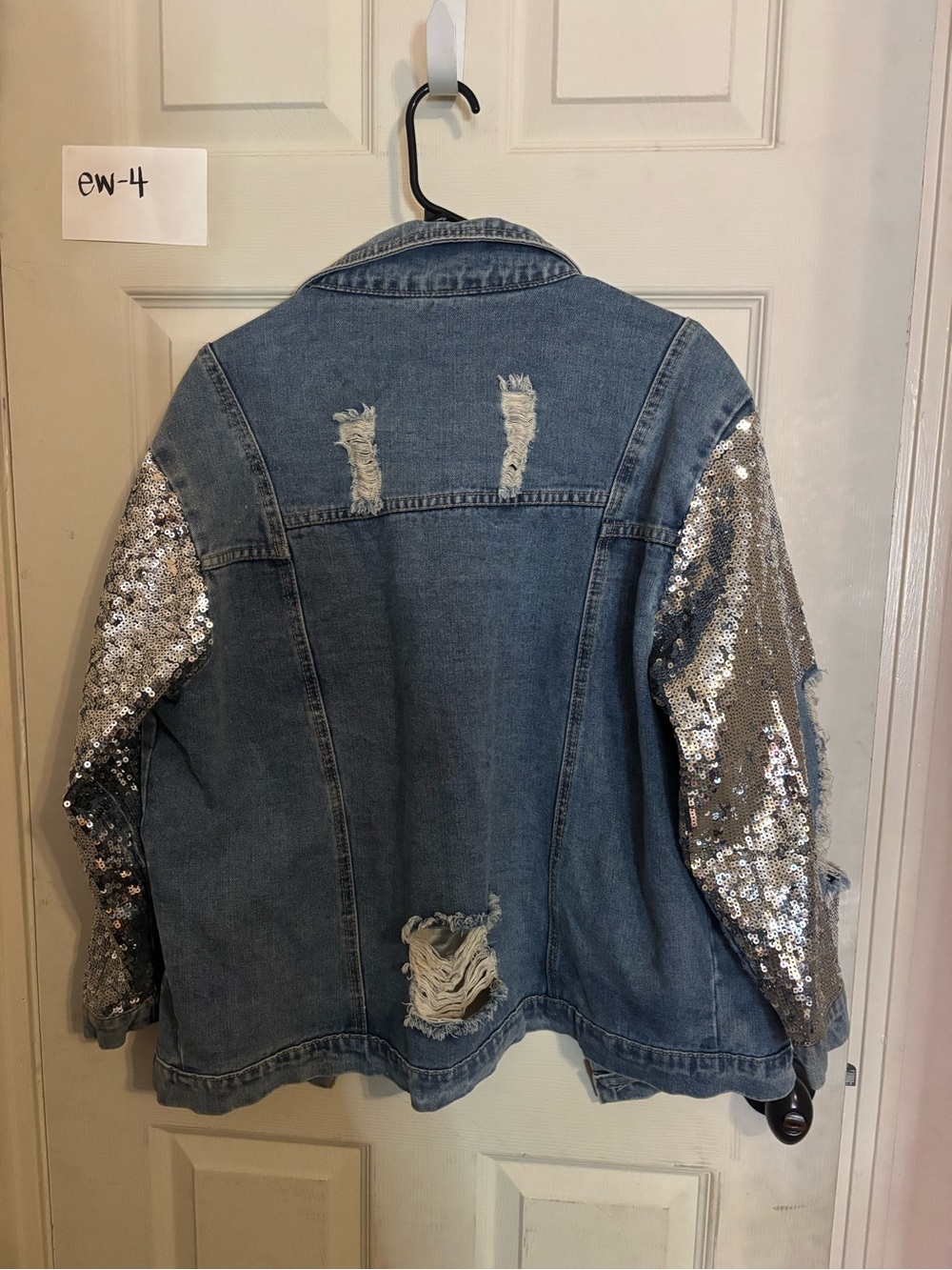 Denim Distressed Jacket with Sequin Sleeves - Light Blue - Picture 4 of 4
